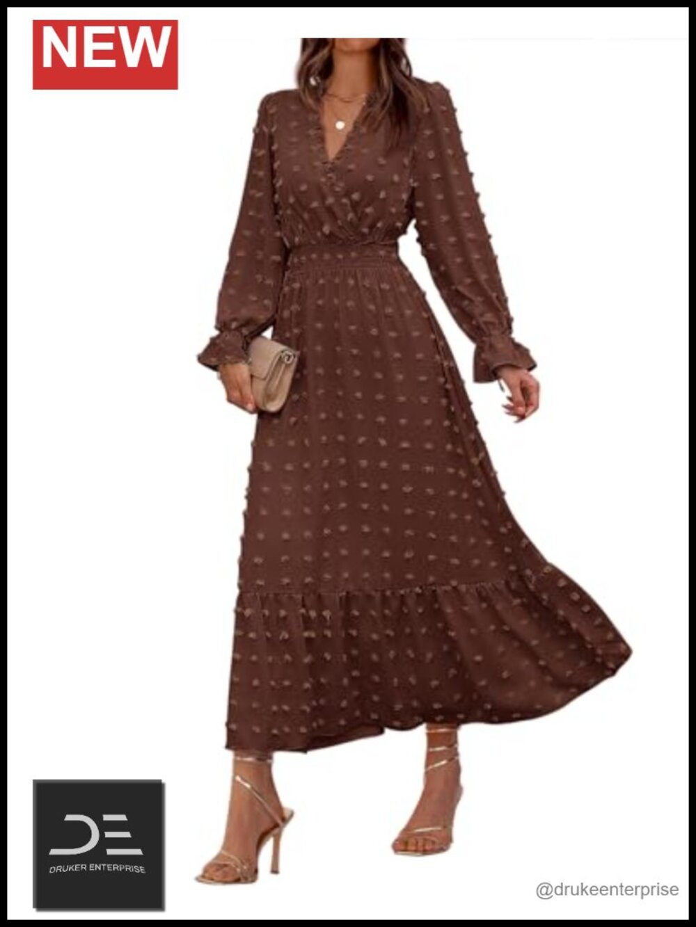 Swiss Dots V-Neck Long Sleeve Maxi Dress Ruffle Hem Wedding Guest Fall